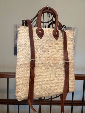 EUC Woven French Market Backpack Bag Faux Leather Adjustable Straps